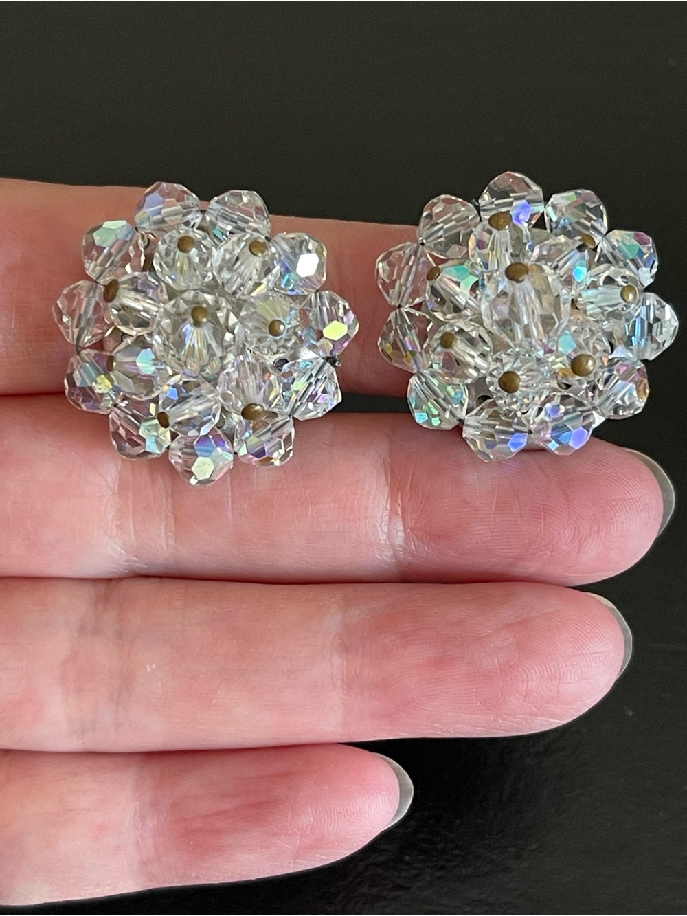 Vintage clear AB Crystal Cluster Button clip on Earrings.